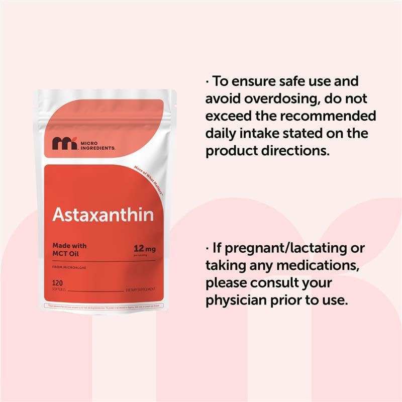 Micro Ingredients Astaxanthin 12mg Per Serving with MCT Oil, 120 Softgels | 4 Month Supply. Natural Microalgae Sourced Astaxanthin Supplement. Easy-to-Swallow. Non-GMO, Gluten Free, Soy Free.