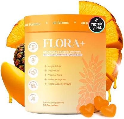 ALLFEMME Flora+ pH Balance Vaginal Probiotic Gummies for Women – Pineapple | Prebiotics & Hyaluronic Acid · Feminine Odor and Freshness Support · Sugar Free · Vegan · Non-GMO · Gluten Free · 30 Gummies