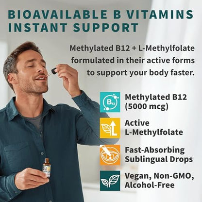 NUSAVA (2-Pack) Methylated B Complex Liquid Drops Raspberry and (2-Pack) Organic Vitamin D3 K2 Drops with MCT Oil Omega 3 - Sublingual Vitamin B12 5000mcg and Liquid D3 5000 IU for Daily Wellness