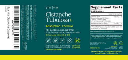 Cistanche Tubulosa Capsules 500 mg 2x Potent 50% Echinacoside/10% Acetoside | Cistanche supplement enhanced absorption with HBC for stress, mood, cortisol support & hormonal balance, vegan, non-GMO, USA