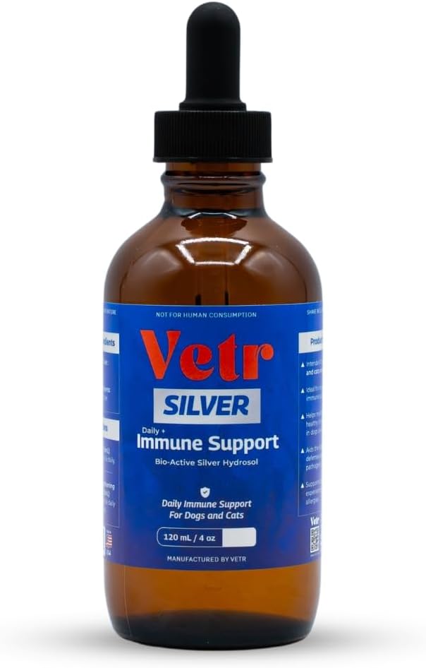 Vetr Silver Immune Support for Dogs and Cats, 4oz/120mL Liquid in Amber Bottle with Oral Dropper, Professional Grade Colloidal Silver Supplement for Daily Wellness and Seasonal Defense