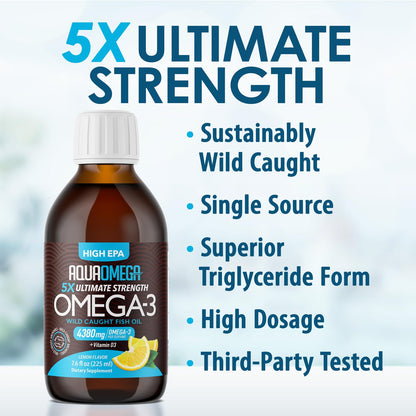 5X Ultimate Strength Omega 3 Fish Oil Liquid with Vitamin D, Burpless Liquid Fish Oil Supplements with High EPA and DHA Omega - dailyvitalstore
