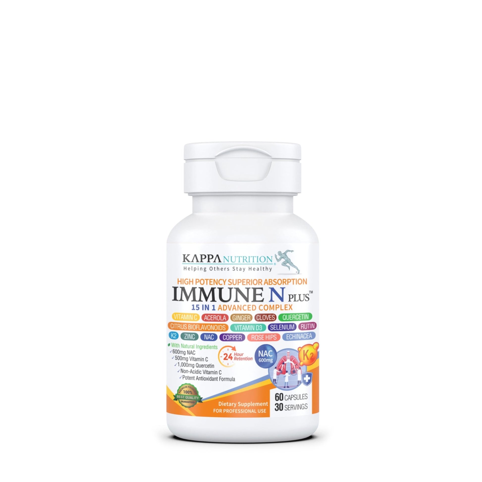 (60 Capsules), NAC 600mg, Quercetin 1,000mg, Vitamin C 500mg, Zinc 50mg, Vitamin D3 5,000iu, Selenium, Copper, Acerola, Ginger, Rutin, Citrus Bioflavonoids, Rose Hips, Echinacea, Immune N Plus 15 in 1 - dailyvitalstore