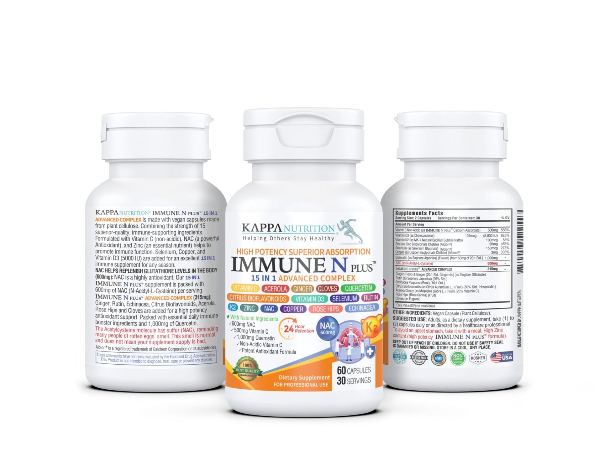 (60 Capsules), NAC 600mg, Quercetin 1,000mg, Vitamin C 500mg, Zinc 50mg, Vitamin D3 5,000iu, Selenium, Copper, Acerola, Ginger, Rutin, Citrus Bioflavonoids, Rose Hips, Echinacea, Immune N Plus 15 in 1 - dailyvitalstore