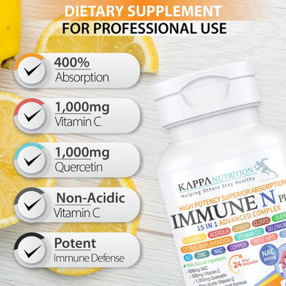 (60 Capsules), NAC 600mg, Quercetin 1,000mg, Vitamin C 500mg, Zinc 50mg, Vitamin D3 5,000iu, Selenium, Copper, Acerola, Ginger, Rutin, Citrus Bioflavonoids, Rose Hips, Echinacea, Immune N Plus 15 in 1 - dailyvitalstore