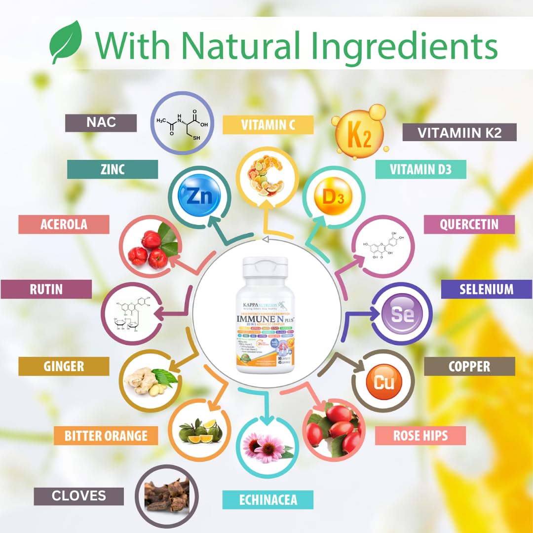 (60 Capsules), NAC 600mg, Quercetin 1,000mg, Vitamin C 500mg, Zinc 50mg, Vitamin D3 5,000iu, Selenium, Copper, Acerola, Ginger, Rutin, Citrus Bioflavonoids, Rose Hips, Echinacea, Immune N Plus 15 in 1 - dailyvitalstore