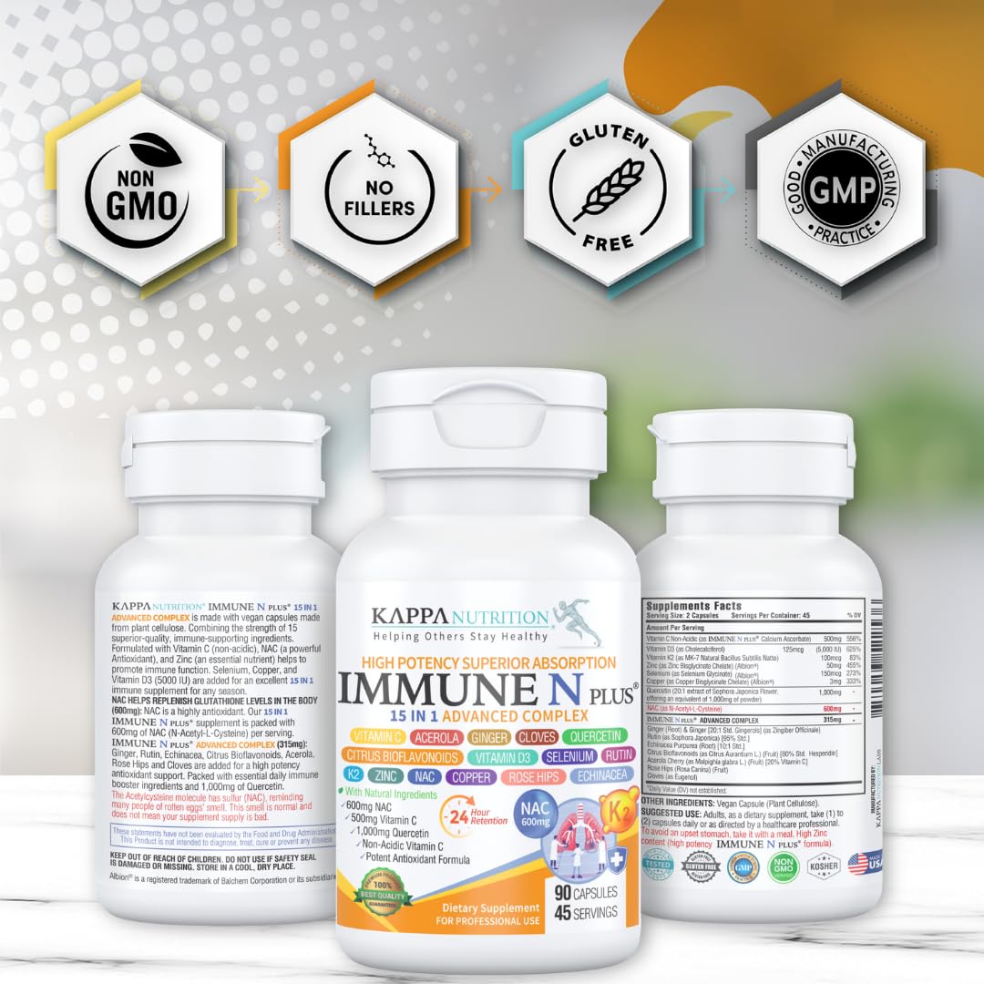 (60 Capsules), NAC 600mg, Quercetin 1,000mg, Vitamin C 500mg, Zinc 50mg, Vitamin D3 5,000iu, Selenium, Copper, Acerola, Ginger, Rutin, Citrus Bioflavonoids, Rose Hips, Echinacea, Immune N Plus 15 in 1 - dailyvitalstore