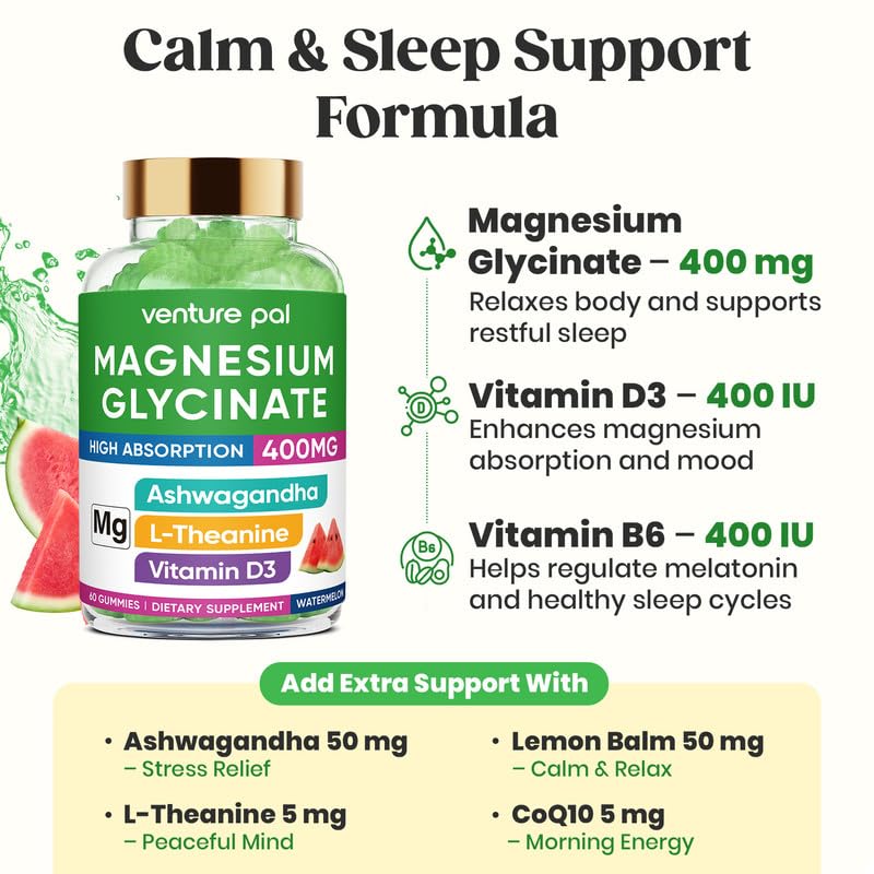 60 Day Supply Magnesium Glycinate 400mg Gummies with Ashwagandha, L-Theanine, CoQ10, Vitamin D3 & B6, Sugar Free Magnesium Gummies for Adults & Kids, Stress Relief, Sleep & Calm, Vegan, Gluten Free - dailyvitalstore