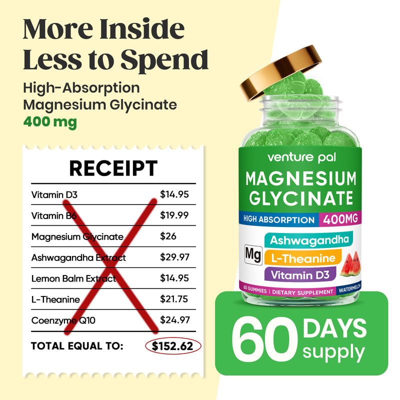 60 Day Supply Magnesium Glycinate 400mg Gummies with Ashwagandha, L-Theanine, CoQ10, Vitamin D3 & B6, Sugar Free Magnesium Gummies for Adults & Kids, Stress Relief, Sleep & Calm, Vegan, Gluten Free - dailyvitalstore