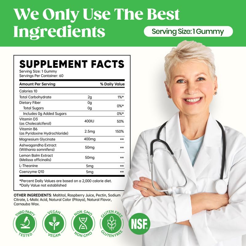 60 Day Supply Magnesium Glycinate 400mg Gummies with Ashwagandha, L-Theanine, CoQ10, Vitamin D3 & B6, Sugar Free Magnesium Gummies for Adults & Kids, Stress Relief, Sleep & Calm, Vegan, Gluten Free - dailyvitalstore