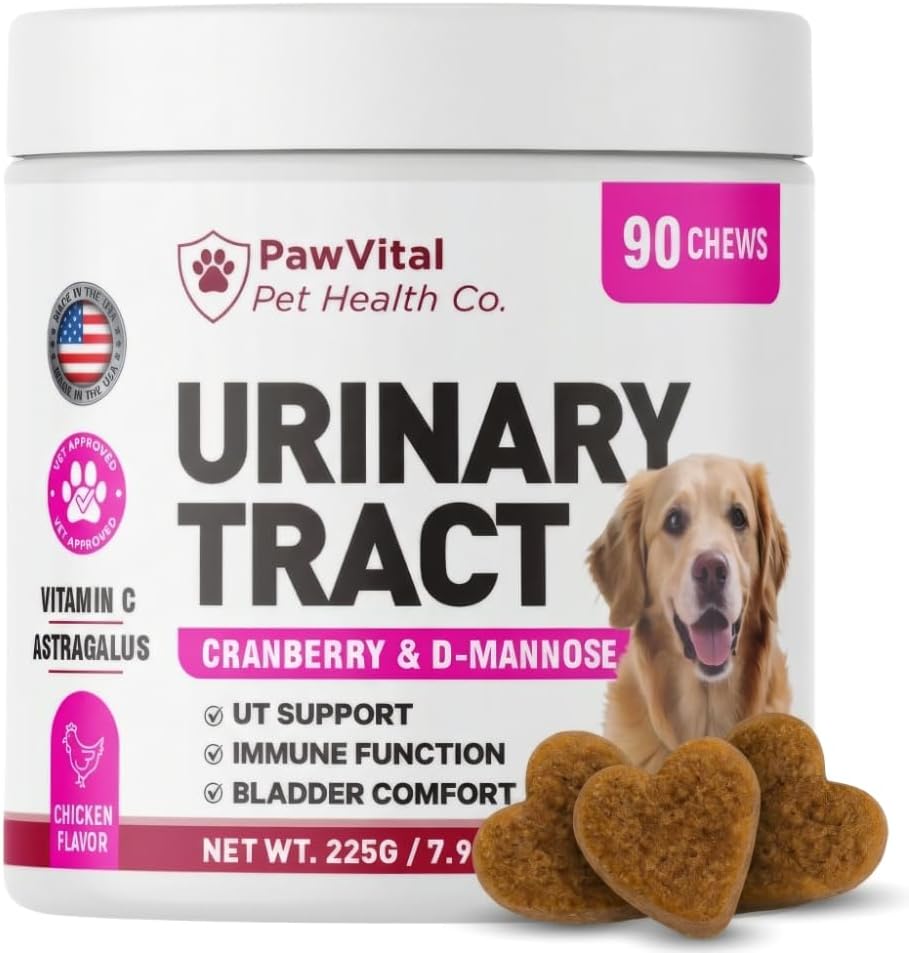 Dog UTI Support Chews, Cranberry Supplement for Dogs with D-Mannose, Urinary Tract & Bladder Support, Dog Cranberry Chews for Bladder Control, Incontinence Support, Chicken Flavor, 90 Soft Chews