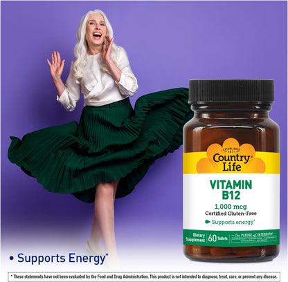 Country Life Vitamin B12 1,000 mcg, Vegan Energy Support, 60 Tablets