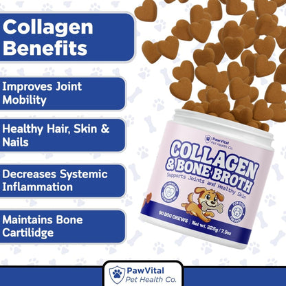 Collagen & Bone Broth for Dogs – Hip + Joint Support, Gut Health for Hair, Skin & Nails – with Glucosamine, MSM, Chondroitin, Turmeric – Natural Treats Made with Real Chicken & Beef