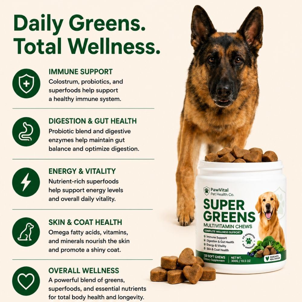 Super Greens Multivitamin Chews for Dogs – Dog Vitamins with Spirulina, Chlorella, Probiotics – Daily Dog Multivitamin for Immune Support, Gut Health, Skin & Coat – Beef Liver Flavor – 120 Soft Chews