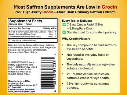 Eye Health Supplement for Vision, Macular & Eye Pressure | Crocin Rich 60CT | 75% High-Purity Crocin; Saffron's Key Bioactive; Standardized Formula; Lutein & Zeaxanthin; Visual Acuity; Retinal Health