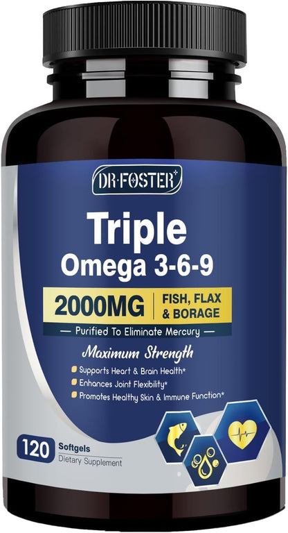 DRFOSTER Triple Omega 3-6-9 Fish Oil 2000mg with Vitamin E, 120 Softgels | EPA and DHA Fatty Acids with Flaxseed and Borage, Supports Heart, Brain, Eye, Joint, Skin, and Immune Health, Non-GMO