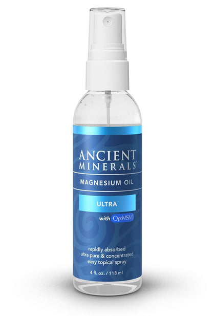Ancient Minerals Magnesium Oil Spray Ultra with MSM, Zechstein, 4oz | Zechstein magnesium chloride + MSM topical spray for enhanced absorption & reduced tingle. 4 fl oz.