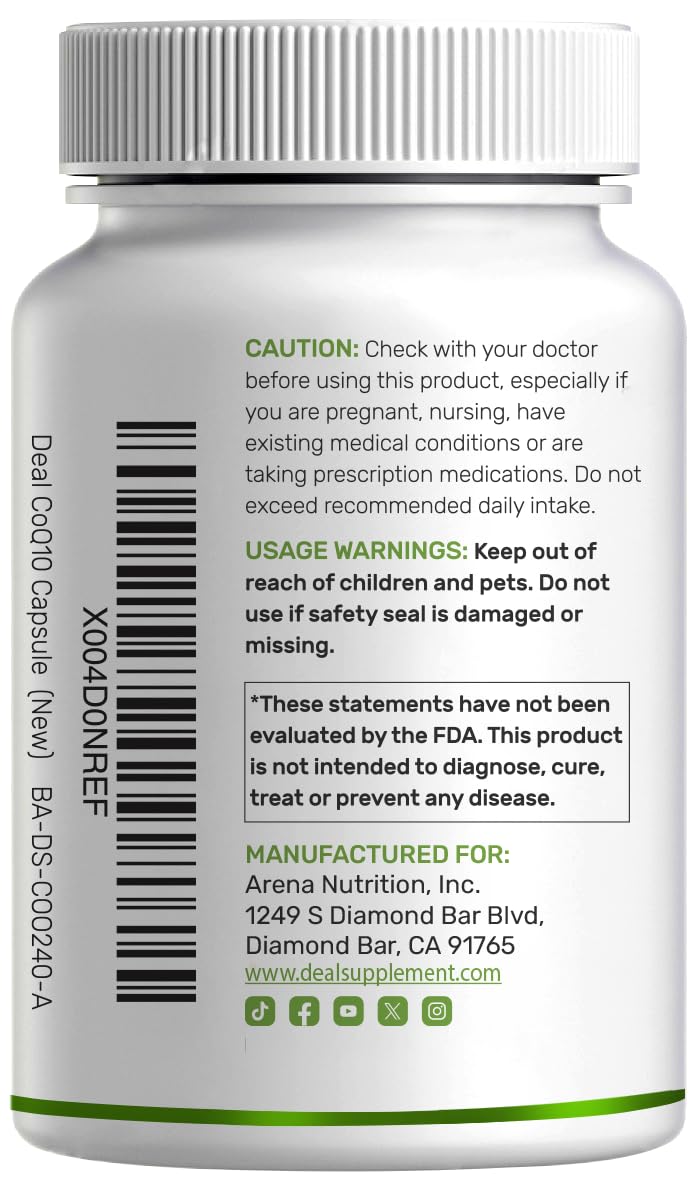 DEAL SUPPLEMENT CoQ10 100mg with Omega 3 100mg, 240 Capsules | Bioavailable Coenzyme Q10 Formula | Non-GMO