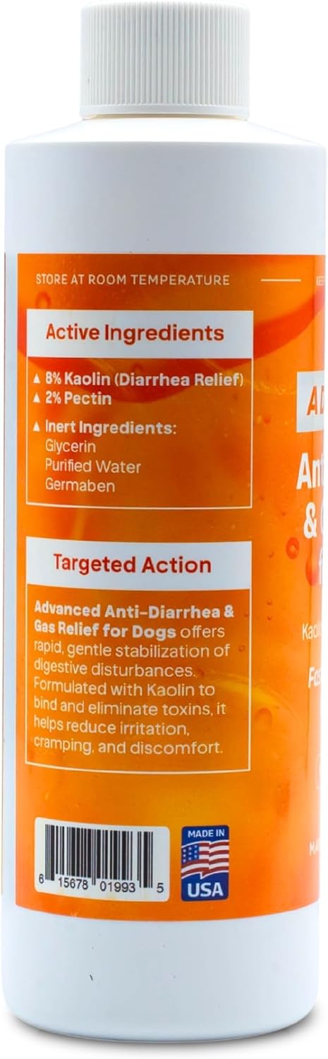 Vetr Anti-Diarrhea & Gas Relief for Dogs - Kaolin Liquid Formula for Fast Upset Stomach Soothing & Digestive Support - All Breeds & Sizes - 8 oz (240mL) - Vet-Formulated in USA