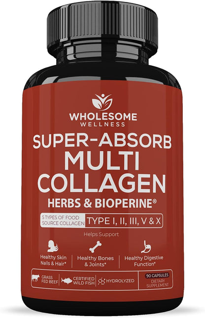 Wholesome Wellness Liposomal Vitamin C Capsules (200 Pills 1500mg Buffered) + Super-Absorb Multi Collagen Pills (Type I II III V X) Organic Herbs and Bioperine Bundle