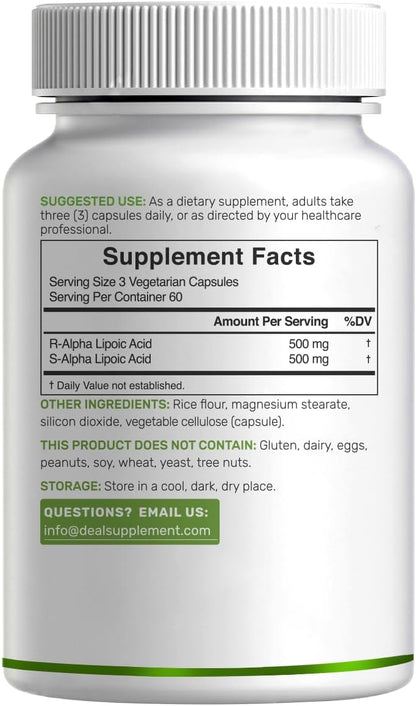 Alpha Lipoic Acid 1,000mg, 180 Veggie Capsules – 50/50 R-ALA & S-ALA for Max Bioavailability – Antioxidant Supplement – Energy & Nervous System Support – Non-GMO