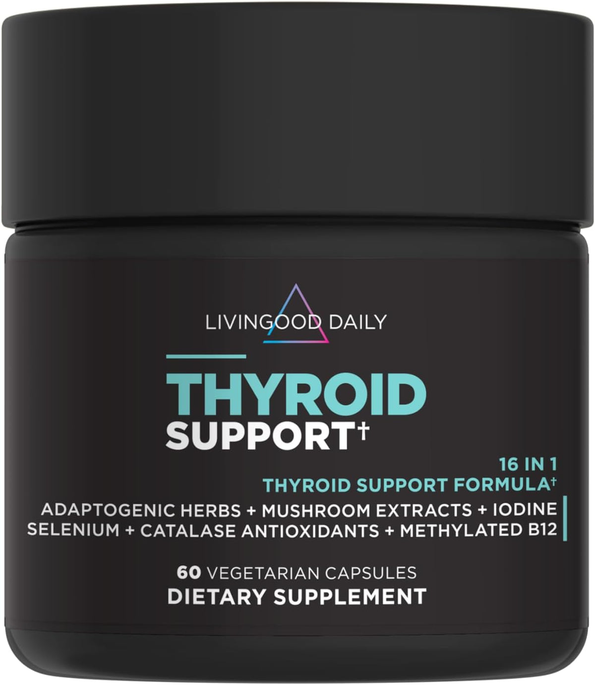 Livingood Daily Thyroid Support Supplement, 16-in-1 Wellness Blend with Adaptogenic Herbs, Iodine, Magnesium and Selenium, Thyroid Support for Women & Men, Vegetarian Capsules, Gluten Free, 60 Count