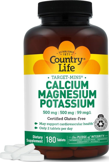 Country Life Target-Mins Calcium Magnesium Potassium, 180 Tablets