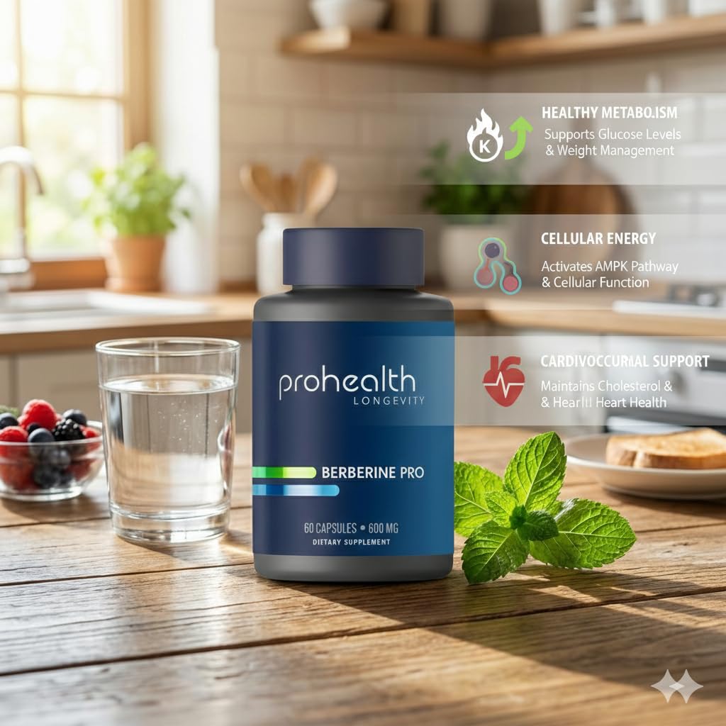 ProHealth Berberine Pro. Promotes Youthful Metabolism + Healthy Body Composition. with Alpha Lipoic Acid & Black Pepper Extract. 1,200 mg per 2 Cap Serving, 60 Caps.