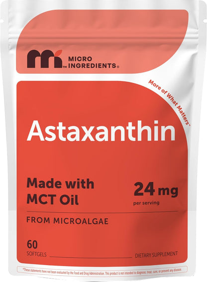 Micro Ingredients Astaxanthin 24mg Per Serving with MCT Oil, 60 Softgels | 2 Month Supply. Natural Microalgae Sourced Astaxanthin Supplement. Easy-to-Swallow. Non-GMO, Gluten Free, Soy Free.