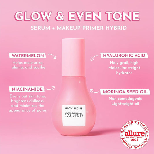 Glow Recipe Watermelon Niacinamide Dew Drops, Korean Niacinamide Serum Drops, Hydrating Face Serum + Primer & Liquid Highlighter,