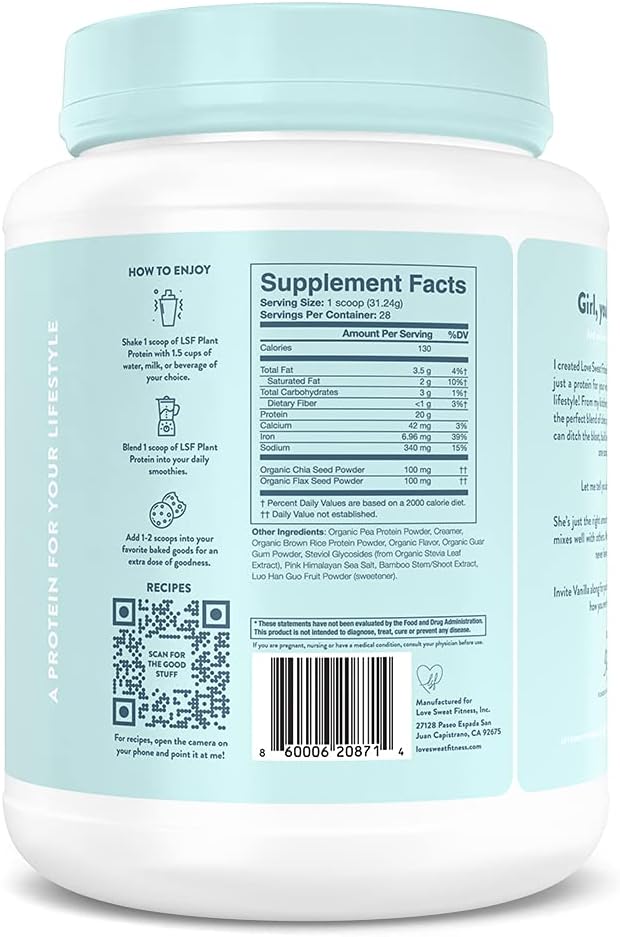 Love Sweat Fitness Organic Vegan Protein Powder for Women | 20g Plant Protein | No Bloat, No Chalk | Vanilla | Sugar Free, Gluten Free, Non-GMO | 28 Servings