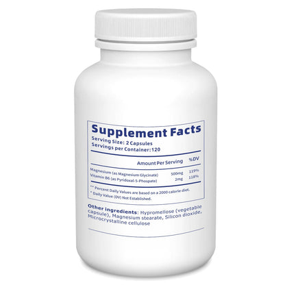 Pure Magnesium Glycinate 500mg, Magnesium Supplement with Vitamin B6 for High Absorption, Supports Stress Relief, Sleep, Muscle, Calm, Relaxation, Nerves* & Metabolism*, Non-GMO, 240 Vegan Capsules