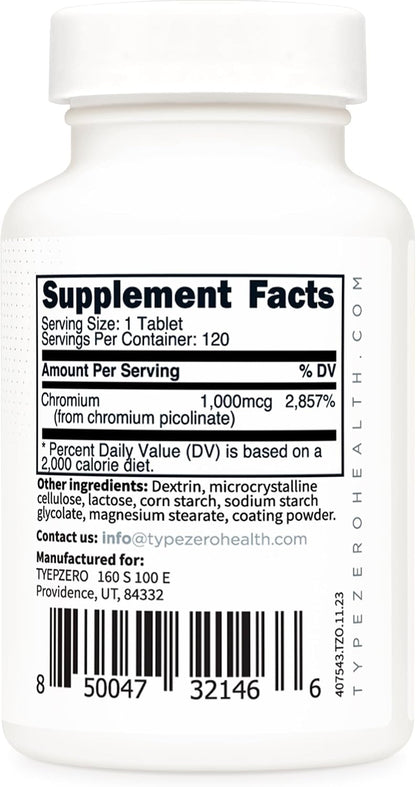 Type Zero Clean Chromium Picolinate (1000mcg) 120 Tablets, Gluten-Free | GMO-Free