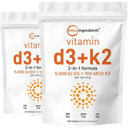 Micro Ingredients Vitamin D3 + K2 MK-7 5,000 IU Per Serving, 300 Softgels | K2 100 mcg Per Serving, D3 & K2 Vitamin Supplement for Women & Men. Easy-to-Swallow, Non-GMO, Gluten Free.