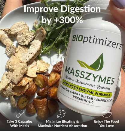 BiOptimizers MassZymes Digestive Enzymes - Probiotic Breakthrough Bundle – Gut Health & Bloating Relief – Prebiotic & Enzyme Support for Digestion, Energy, Immunity & Recovery – 180 Vegan Capsules