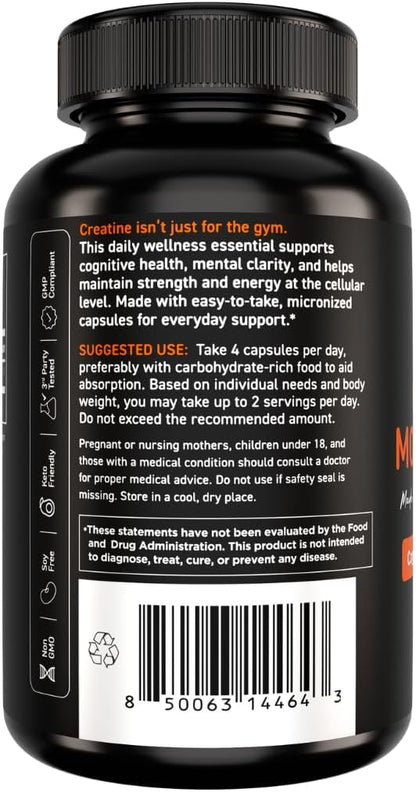 Vital Vitamins Creatine Monohydrate Pills, 3g for Women & Men | Supports Muscle Health, Energy & Cognitive Clarity, Micronized, Easy to Swallow, Non-GMO, 120 Capsules