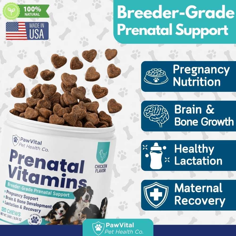 Dog Prenatal Vitamins for Pregnant & Nursing Dogs – 120 Soft Chews with Folic Acid, DHA, Choline, Iron & Calcium – Prenatal Multivitamin Supplement for Puppy Development, Pregnancy & Lactation Support
