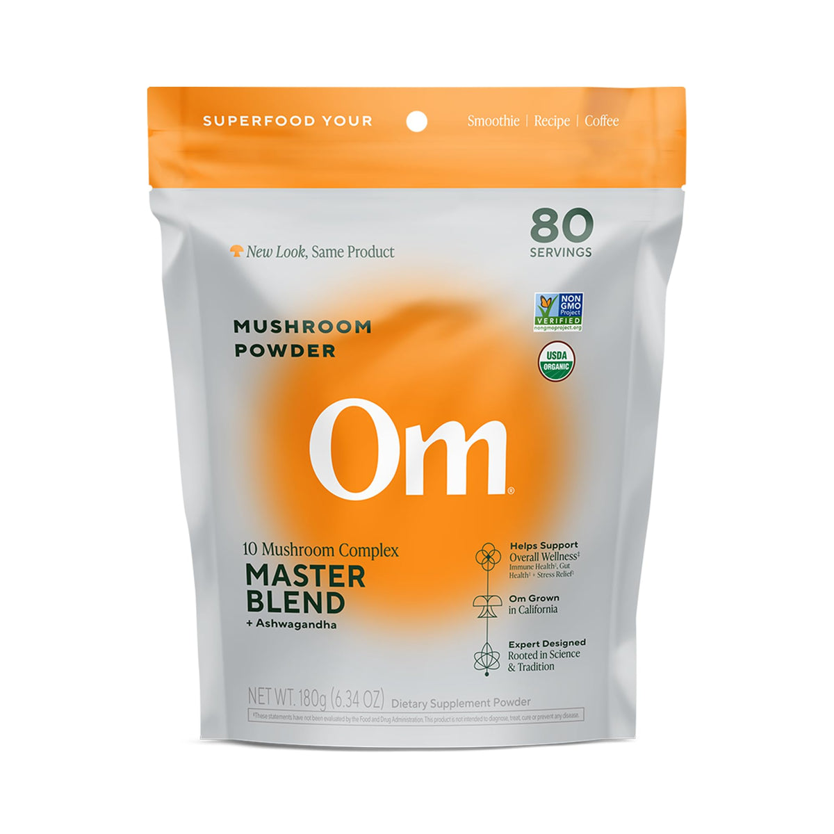 Om Master Blend Mushroom Powder – Organic Mushroom Supplement with 10 Mushrooms and Ashwagandha - Support Immunity, Gut Health & Stress Relief, 3.17 oz (40 Servings)