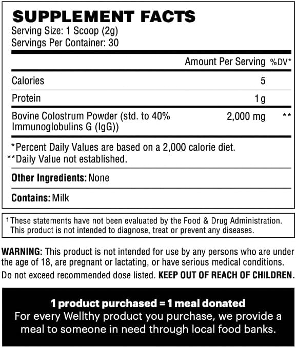 Wellthy Colostrum Powder – Grass-Fed, 40% IgG – Supports Immune System, Gut Health, and Radiant Skin – 30 Servings – Made in USA