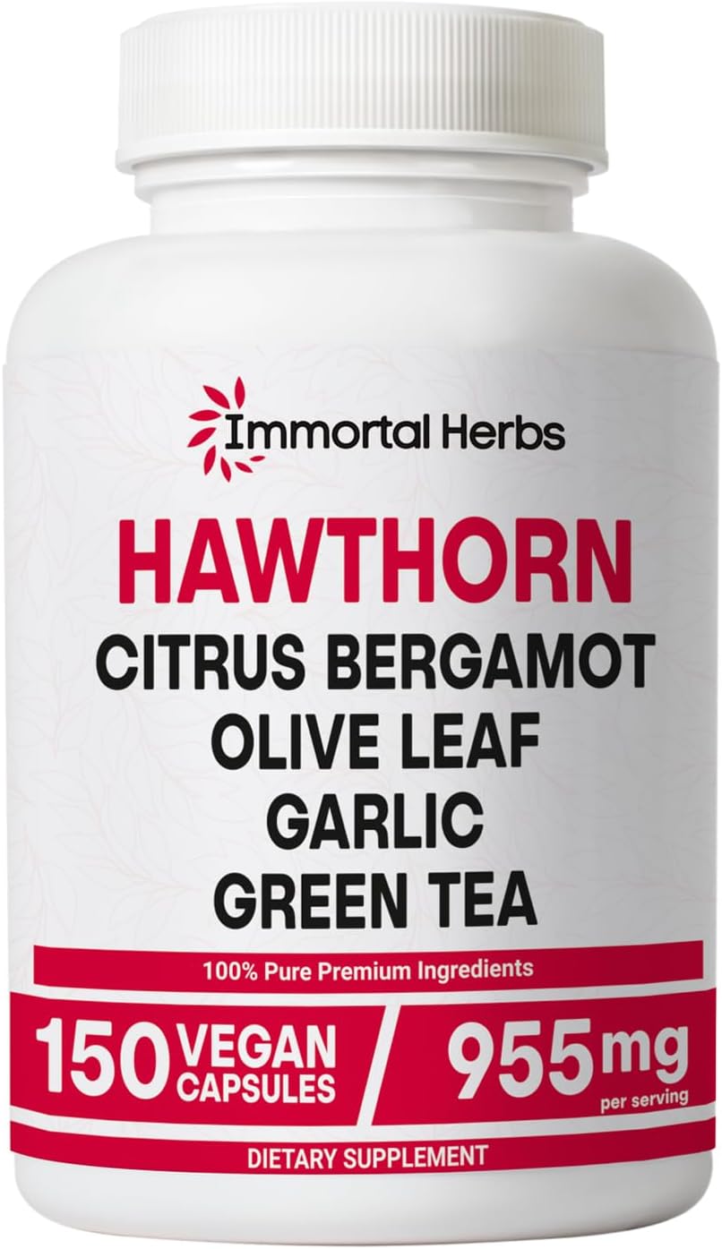 Hawthorn Berry Capsules, 6-in-1 Extract w/Olive Leaf, Citrus Bergamot, Garlic, Green Tea & Black Pepper, 150 Pills, Non-GMO & Gluten-Free Hawthorne Berry Supplement