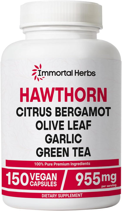 Hawthorn Berry Capsules, 6-in-1 Extract w/Olive Leaf, Citrus Bergamot, Garlic, Green Tea & Black Pepper, 150 Pills, Non-GMO & Gluten-Free Hawthorne Berry Supplement