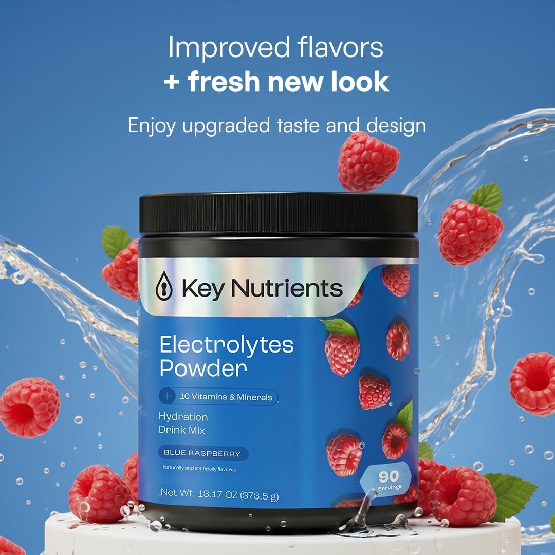 KEY NUTRIENTS Electrolytes Powder Bundle, Fresh Pink Lemonade 90 Servings Jar + Sweet Blue Raspberry 90 Servings Jar, Sugar Free Hydration Drink Mix with Vitamins & Minerals, No Calories