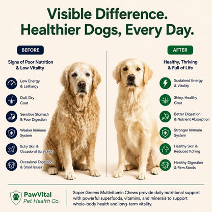 Super Greens Multivitamin Chews for Dogs – Dog Vitamins with Spirulina, Chlorella, Probiotics – Daily Dog Multivitamin for Immune Support, Gut Health, Skin & Coat – Beef Liver Flavor – 120 Soft Chews