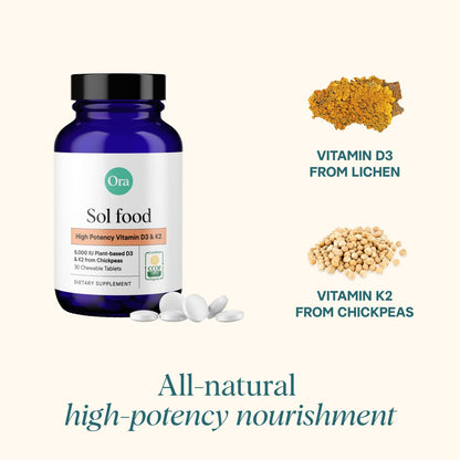 Ora Organic Vitamin D3 5000IU + K2 - Vegan Vitamin D from Lichen and K2 from Chickpeas for Bone Health, Immune Support, & Mood, Maximum Absorption - 1 Month Supply, 30 Chewable Tablets (Pack of 2)