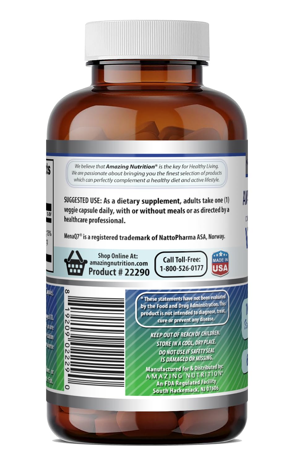 Amazing Formulas Vitamin K2 Menaq7 MK7 Supplement | 100 Mcg | Veggie Capsules | Non-GMO | Gluten Free | Made in USA (1 Pack, 120 Count)