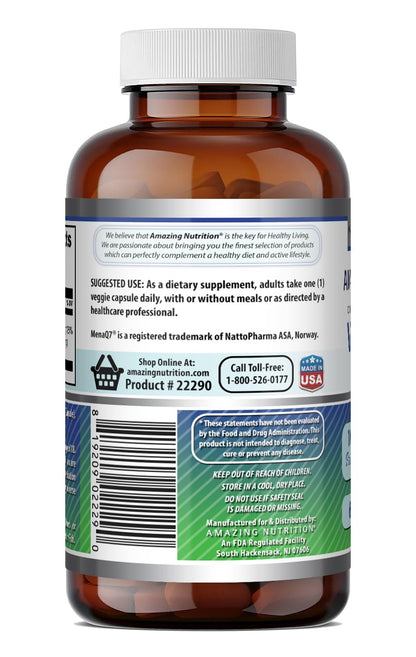 Amazing Formulas Vitamin K2 Menaq7 MK7 Supplement | 100 Mcg | Veggie Capsules | Non-GMO | Gluten Free | Made in USA (1 Pack, 120 Count)