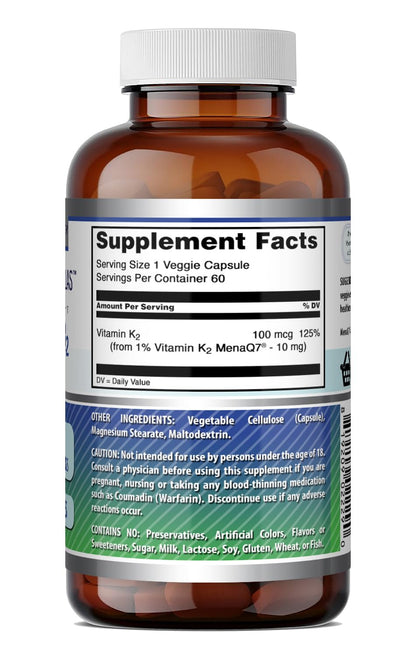 Amazing Formulas Vitamin K2 Menaq7 MK7 Supplement | 100 Mcg | Veggie Capsules | Non-GMO | Gluten Free | Made in USA (1 Pack, 120 Count)