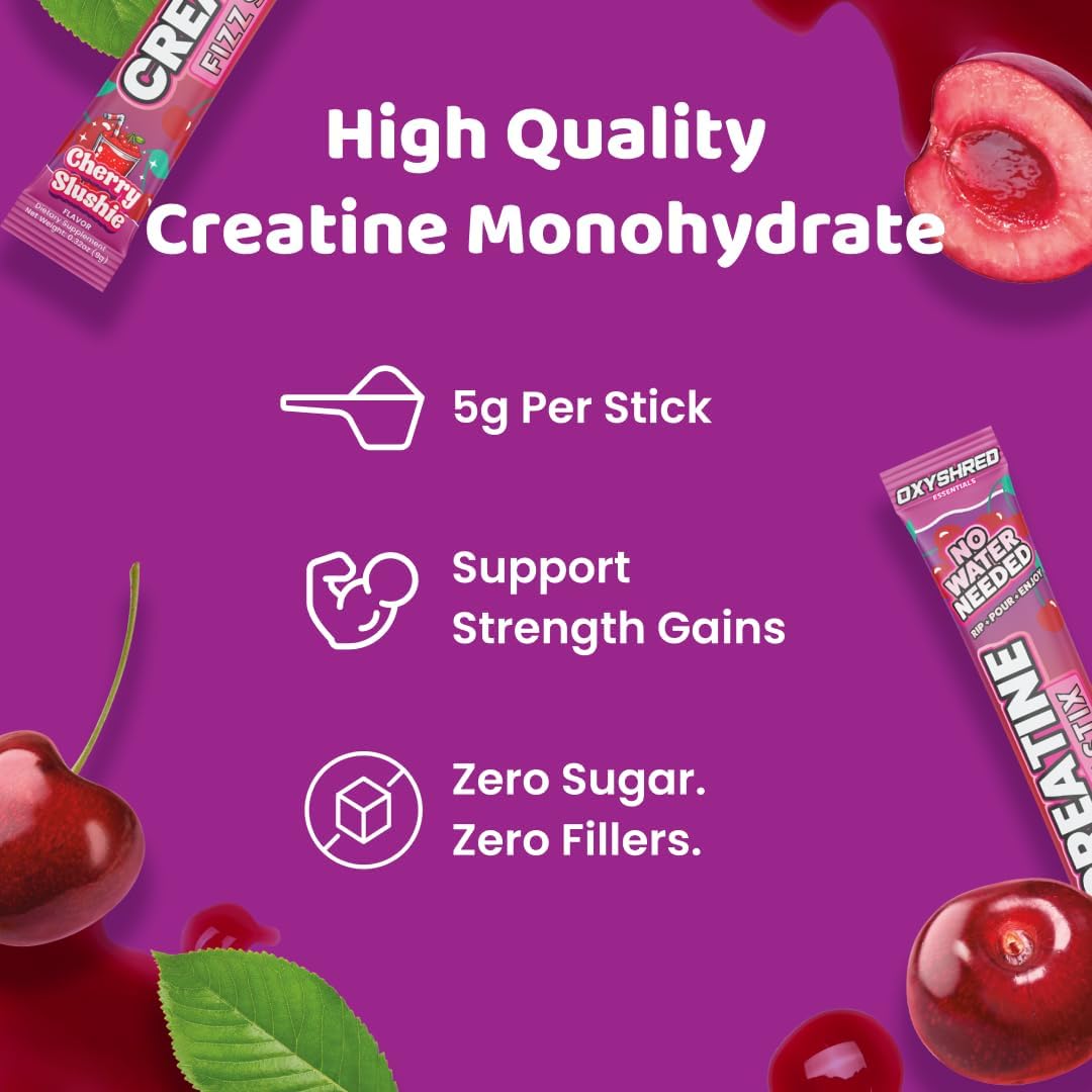 EHP Labs OxyShred Creatine Monohydrate Fizz Sticks, Cherry Slushie, 15 Pack | 5g Micronized Creatine Per Stick. No Water Needed, Zero Sugar, Vegan & Gluten Free. Single Serve On The Go.