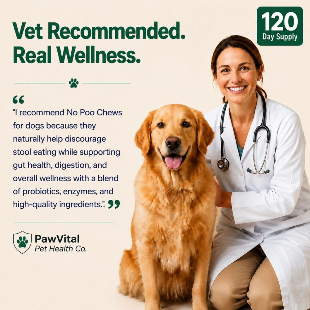 No Poo Chews for Dogs, Coprophagia Stool Eating Deterrent, Stop Eating Poop Supplement with Probiotics, Digestive Enzymes & Breath Aid Support, Gut Health & Digestive Support, Chicken Flavor, 120 Ct
