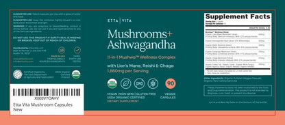 USDA Organic Lions Mane Supplement Capsule, 11-in1 Mushroom Complex 90ct | 10x adaptogenic mushroom supplement with ashwagandha, chaga, reishi, cordyceps, turkey tail, support energy, focus & immunity